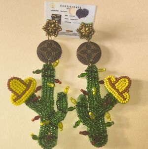 Boutique Handmade Beaded Cactus Earrings With Louis Vuitton Leather